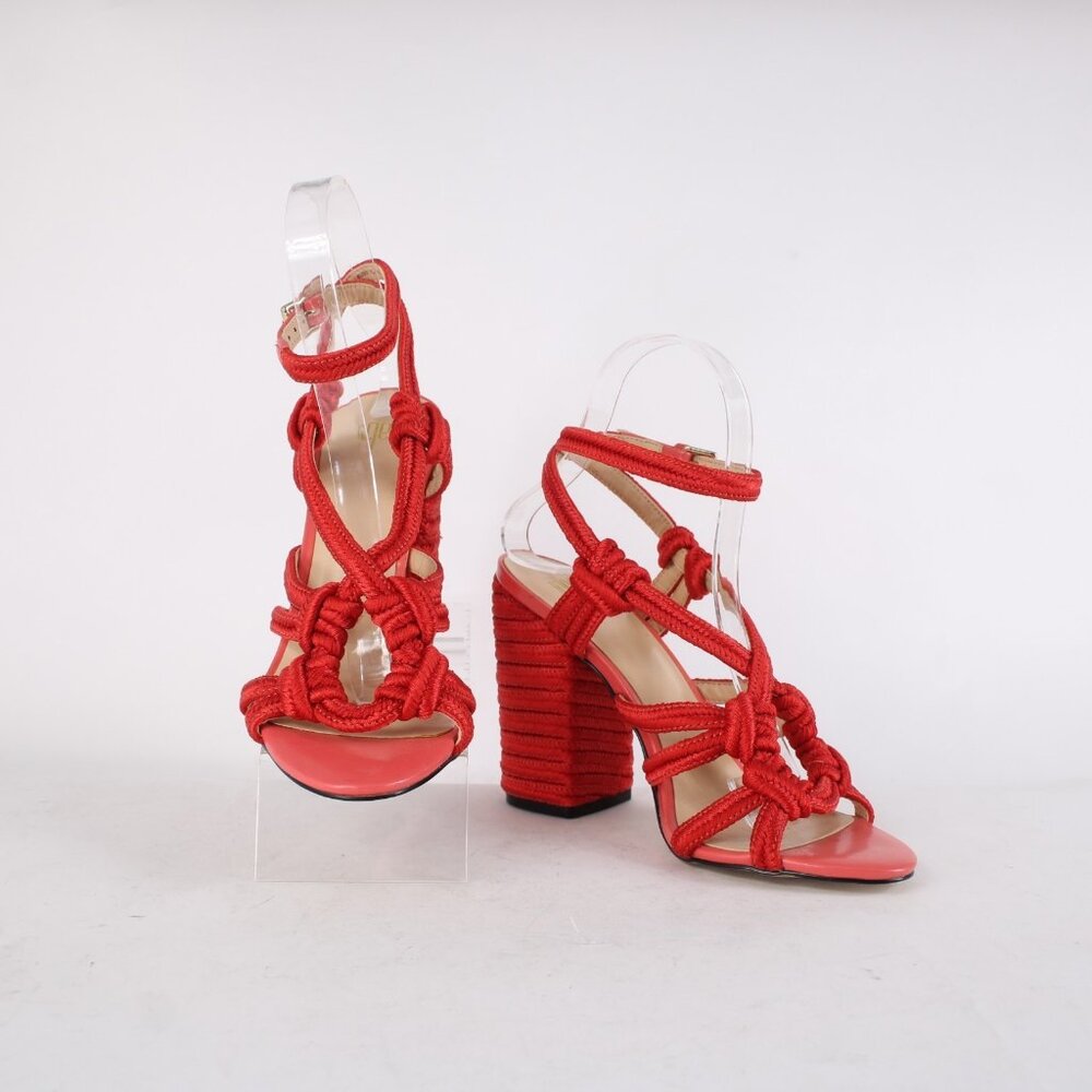 Cabi Heels Tip Toe Sz 7 M Hibiscus Red Knotted Rope Detail Polyester 4" Heels - Picture 2 of 15